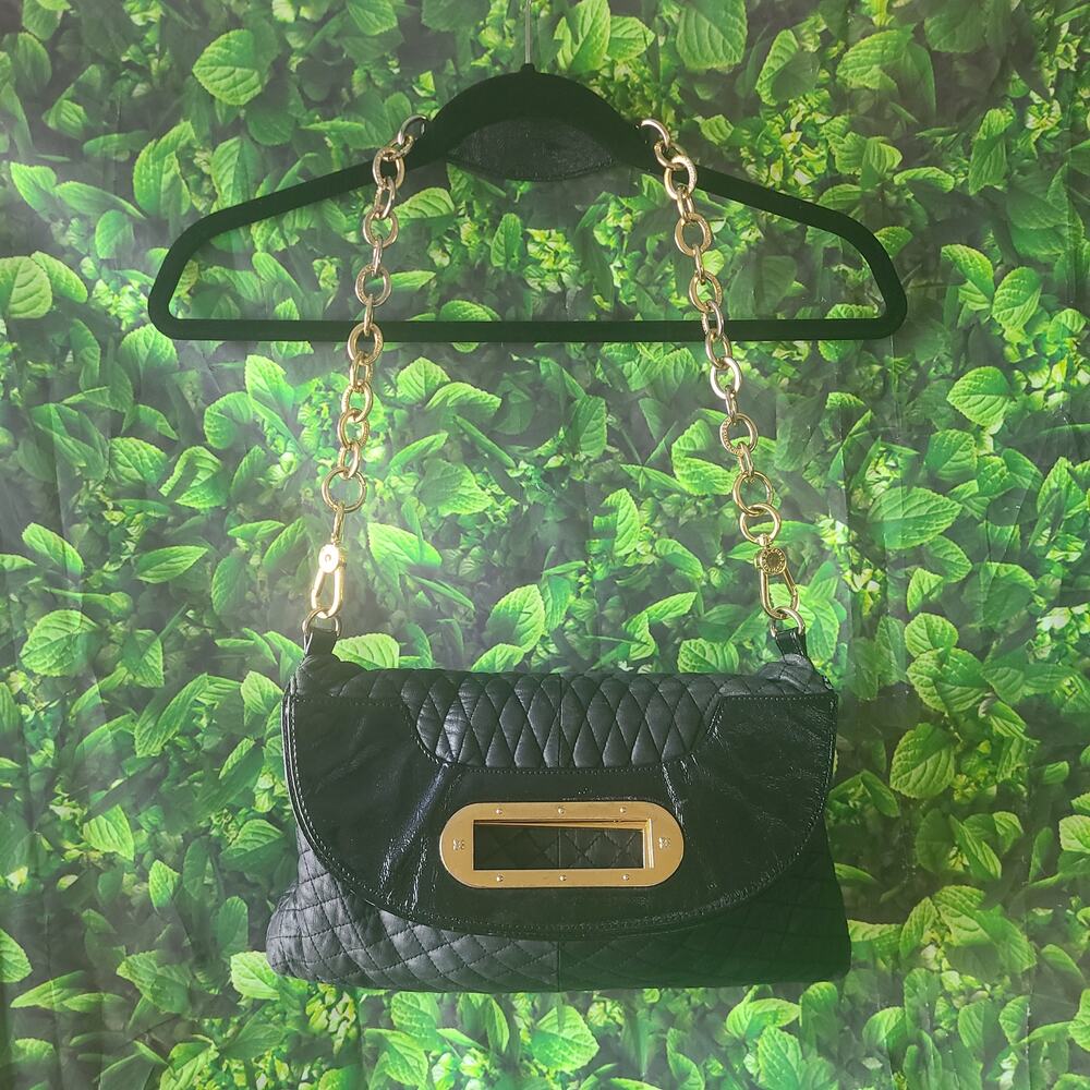 BCBG Max Azria Black Quilted Leather Gold Chain Shoulder Bag Envelope Purse